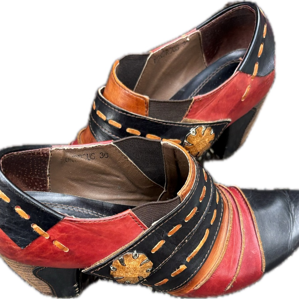 Spring step Colorful Leather Ankle Booties - Black Red Tan